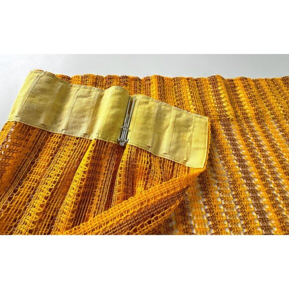 Vintage 70s pair pleated curtains, orange, yellow, tan stripes, mesh panels - Picture 7 of 9